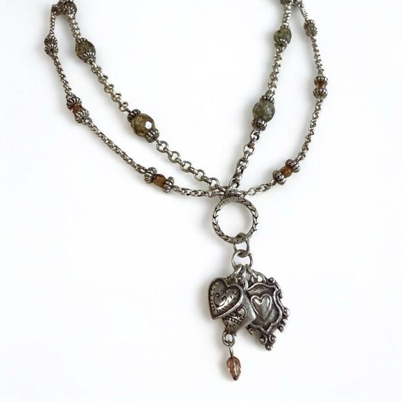 Brighton Double Chain Heart Charm Necklace Beaded Boho Style 20” - Picture 1 of 17